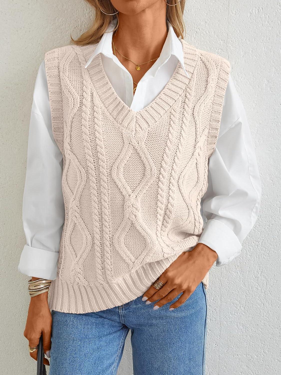 imageTrendy Queen Women s Oversized V Neck Sweater Vest Sleeveless Cable Knit Casual Pullover TopsCream