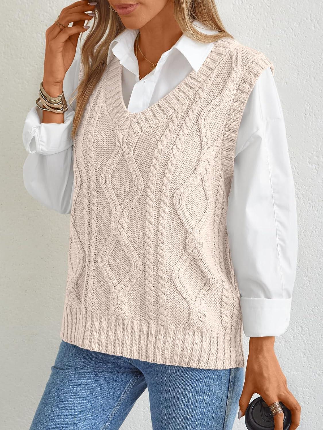 imageTrendy Queen Women s Oversized V Neck Sweater Vest Sleeveless Cable Knit Casual Pullover TopsCream