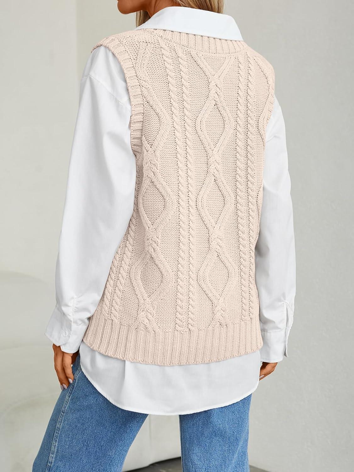 imageTrendy Queen Women s Oversized V Neck Sweater Vest Sleeveless Cable Knit Casual Pullover TopsCream