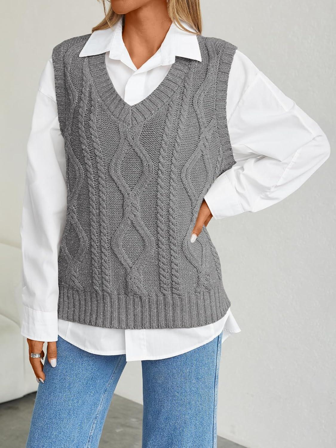 imageTrendy Queen Women s Oversized V Neck Sweater Vest Sleeveless Cable Knit Casual Pullover TopsHeather Gray