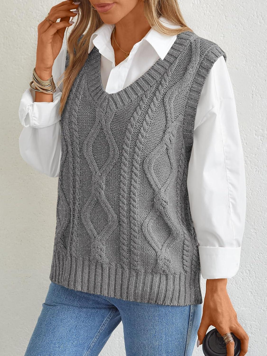 imageTrendy Queen Women s Oversized V Neck Sweater Vest Sleeveless Cable Knit Casual Pullover TopsHeather Gray