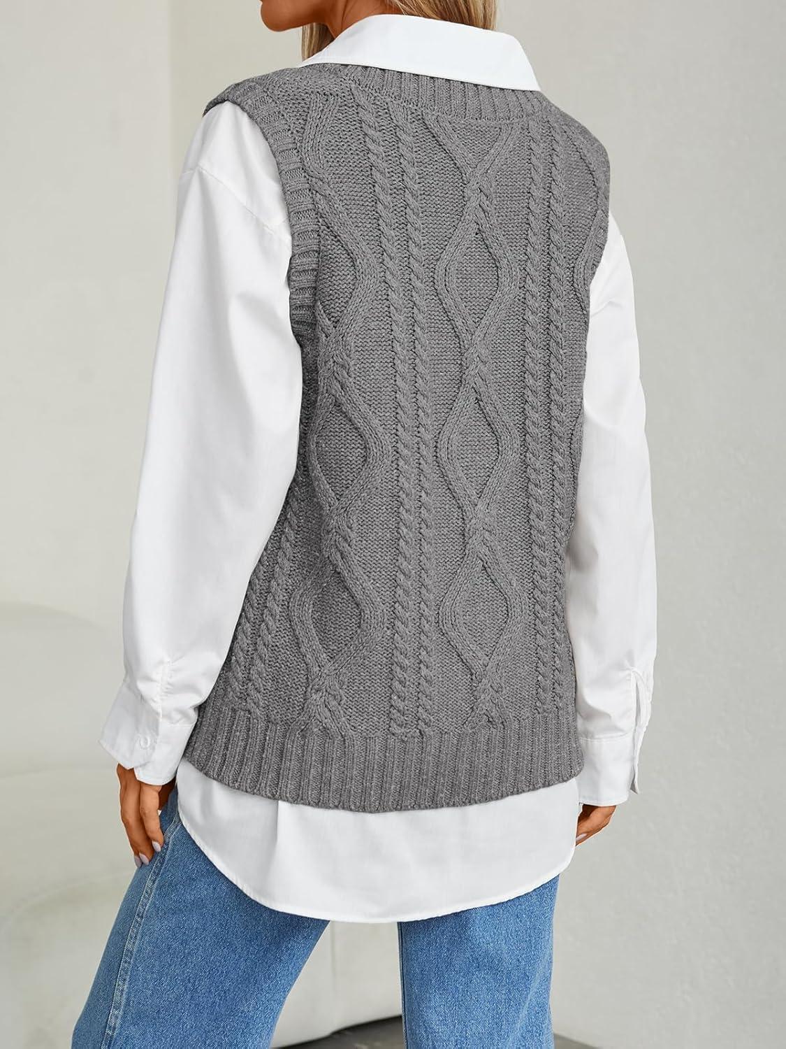 imageTrendy Queen Women s Oversized V Neck Sweater Vest Sleeveless Cable Knit Casual Pullover TopsHeather Gray