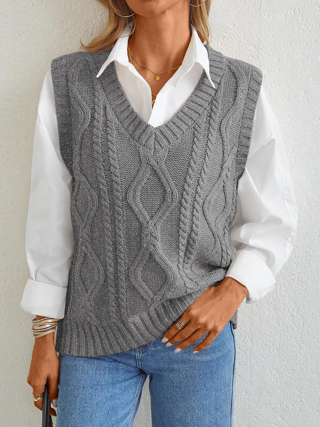 imageTrendy Queen Women s Oversized V Neck Sweater Vest Sleeveless Cable Knit Casual Pullover TopsHeather Gray