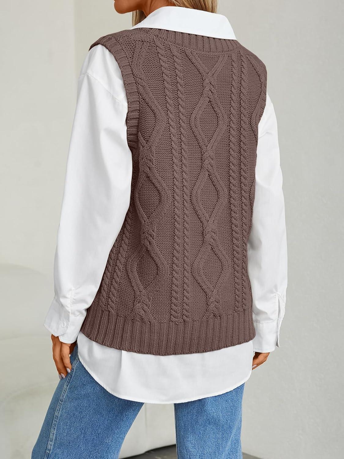 imageTrendy Queen Women s Oversized V Neck Sweater Vest Sleeveless Cable Knit Casual Pullover TopsNutmeg