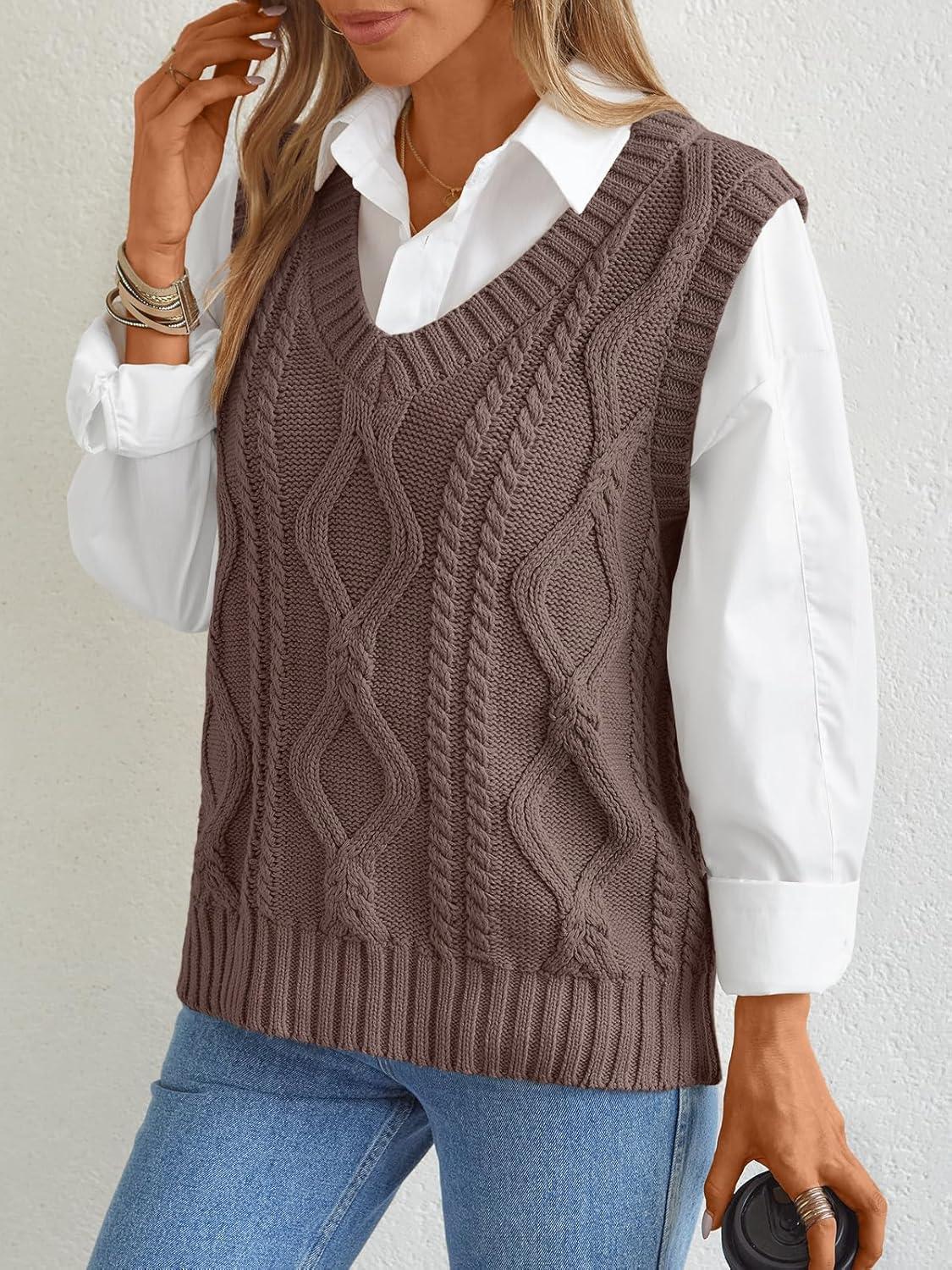 imageTrendy Queen Women s Oversized V Neck Sweater Vest Sleeveless Cable Knit Casual Pullover TopsNutmeg