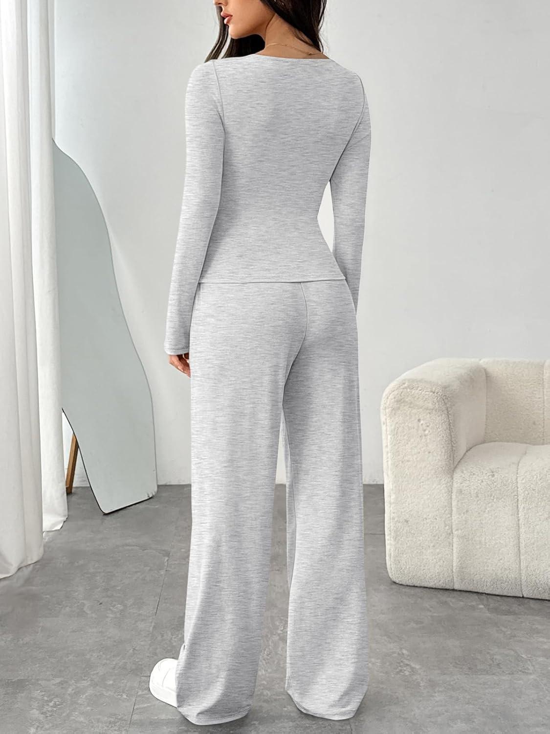 imageTrendy Queen Womens 2 Piece Matching Lounge Set Boat Neck Slim Fitted Top Wide Leg Pants Casual TracksuitsOatmeal Grey