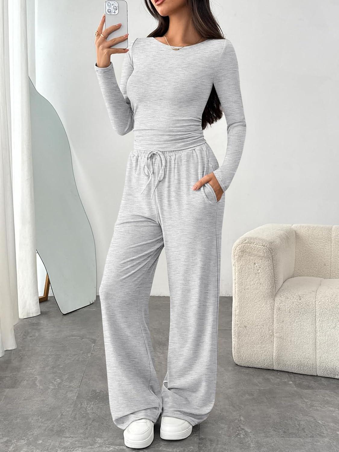 imageTrendy Queen Womens 2 Piece Matching Lounge Set Boat Neck Slim Fitted Top Wide Leg Pants Casual TracksuitsOatmeal Grey