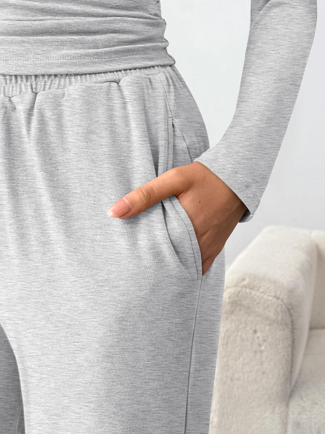 imageTrendy Queen Womens 2 Piece Matching Lounge Set Boat Neck Slim Fitted Top Wide Leg Pants Casual TracksuitsOatmeal Grey