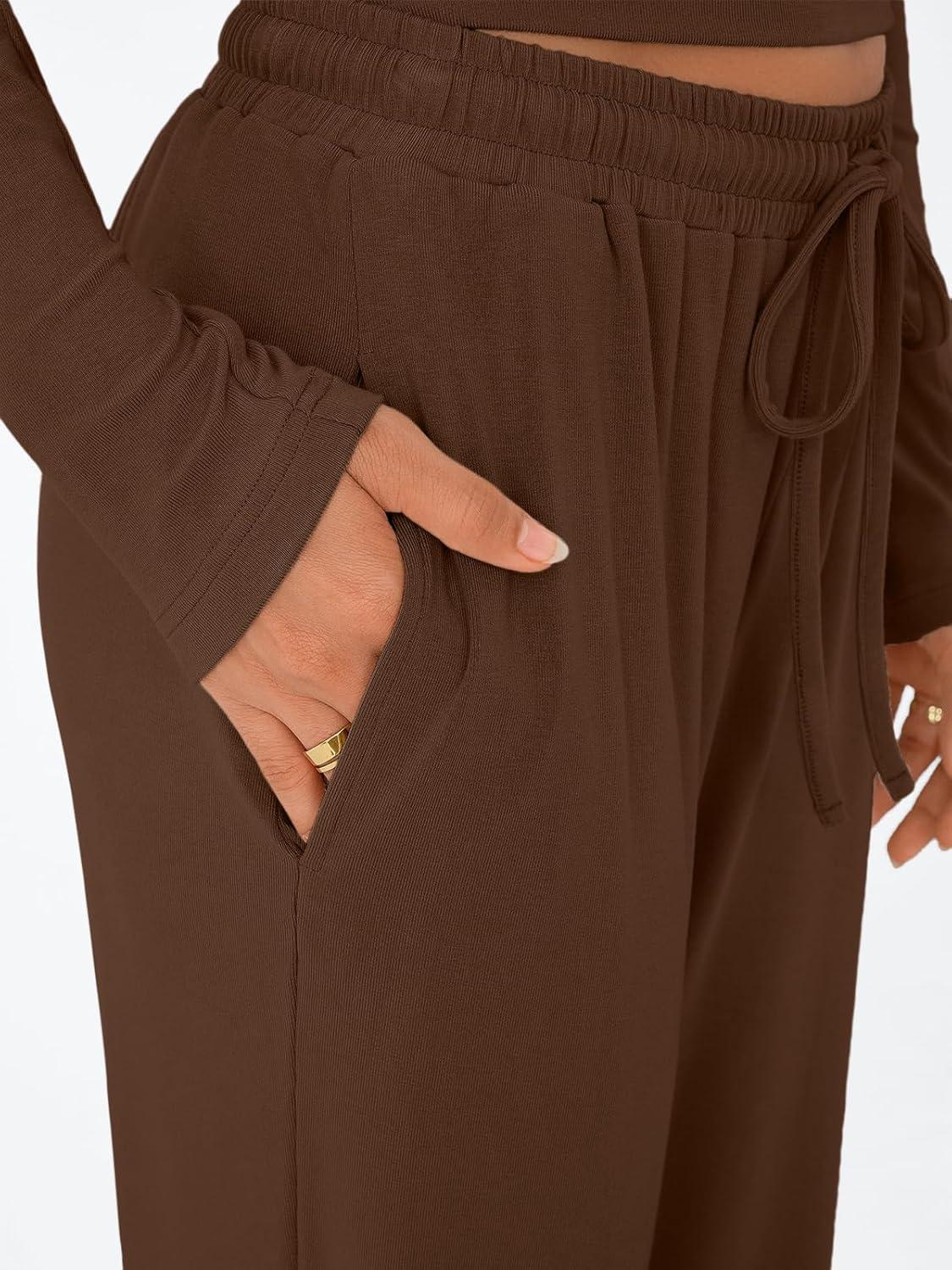 imageTrendy Queen Womens 2 Piece Matching Lounge Set Long Sleeve Slightly Crop Top Wide Leg Pants Casual SweatsuitCocoa