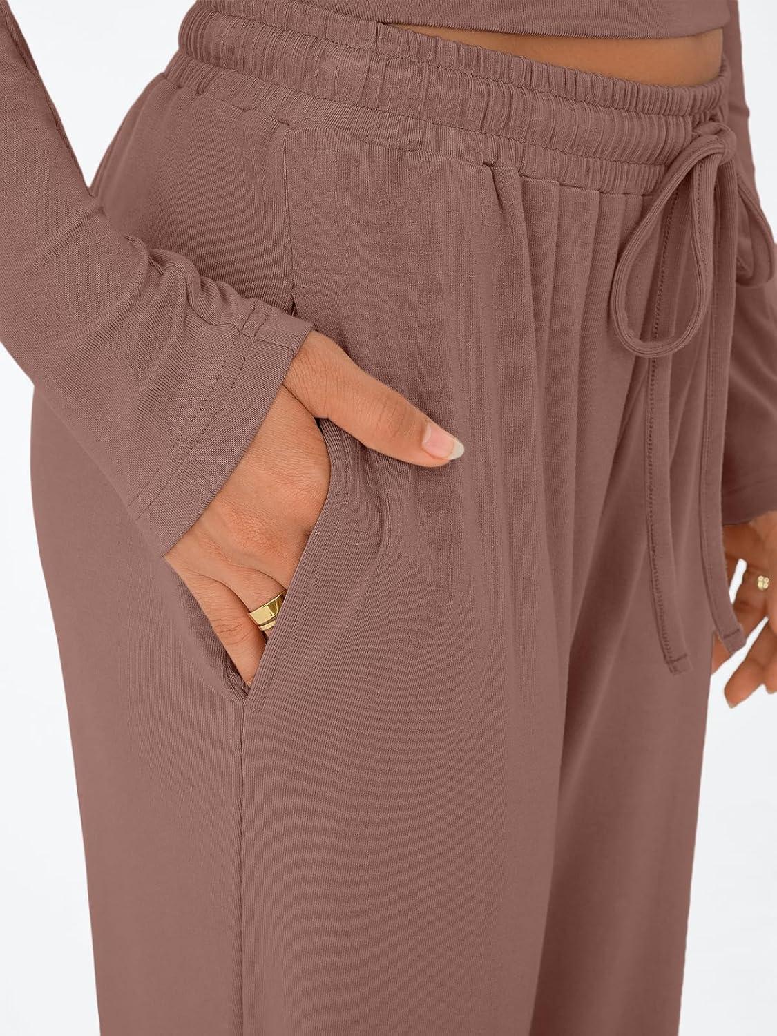 imageTrendy Queen Womens 2 Piece Matching Lounge Set Long Sleeve Slightly Crop Top Wide Leg Pants Casual SweatsuitMauve Rose