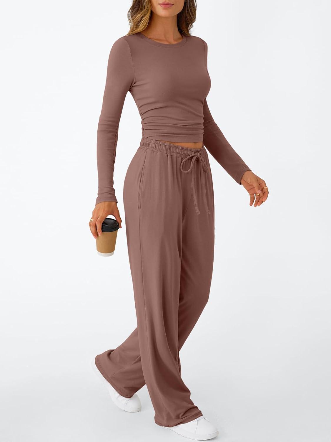 imageTrendy Queen Womens 2 Piece Matching Lounge Set Long Sleeve Slightly Crop Top Wide Leg Pants Casual SweatsuitMauve Rose