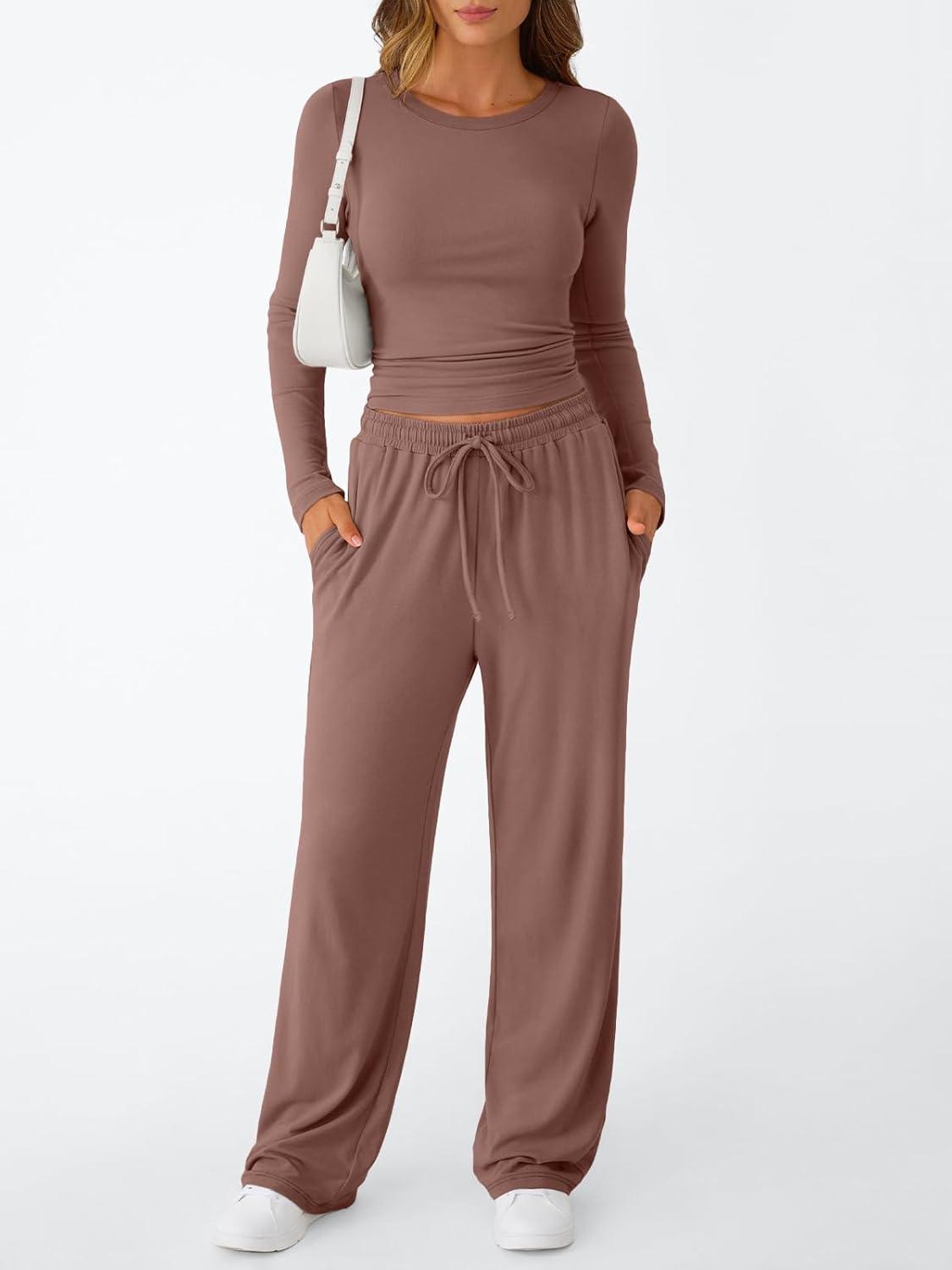 imageTrendy Queen Womens 2 Piece Matching Lounge Set Long Sleeve Slightly Crop Top Wide Leg Pants Casual SweatsuitMauve Rose