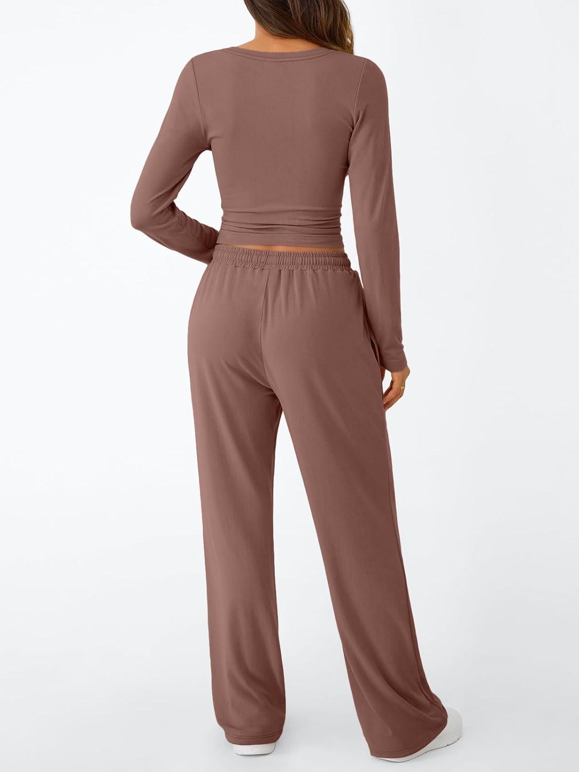 imageTrendy Queen Womens 2 Piece Matching Lounge Set Long Sleeve Slightly Crop Top Wide Leg Pants Casual SweatsuitMauve Rose