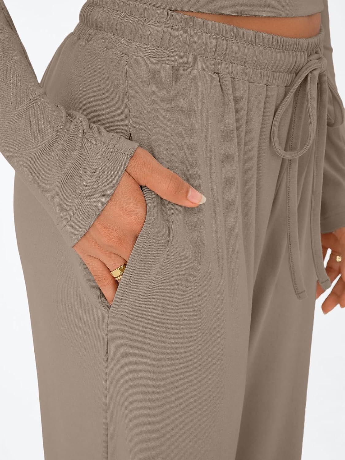 imageTrendy Queen Womens 2 Piece Matching Lounge Set Long Sleeve Slightly Crop Top Wide Leg Pants Casual SweatsuitMocha