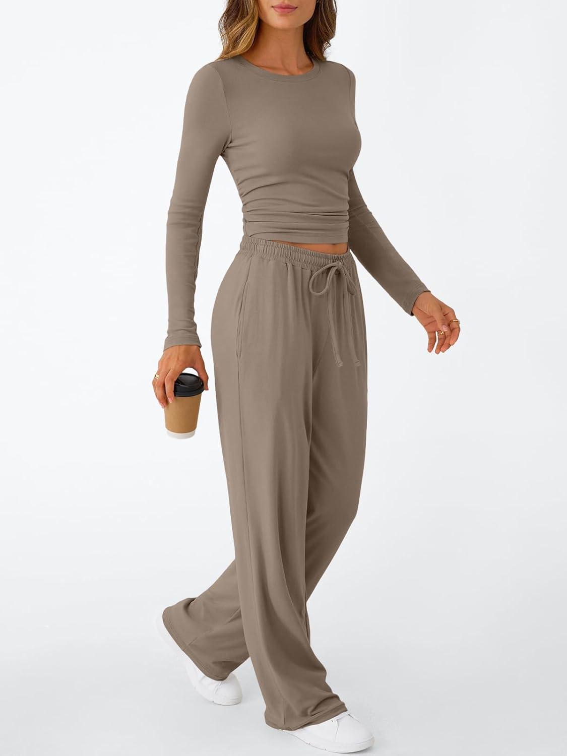 imageTrendy Queen Womens 2 Piece Matching Lounge Set Long Sleeve Slightly Crop Top Wide Leg Pants Casual SweatsuitMocha