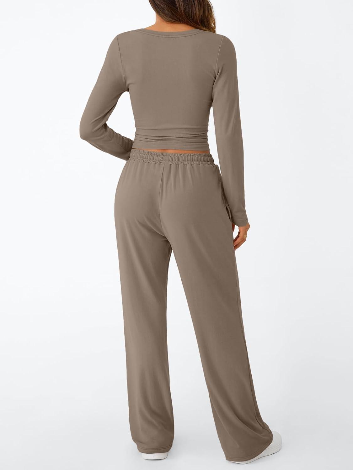 imageTrendy Queen Womens 2 Piece Matching Lounge Set Long Sleeve Slightly Crop Top Wide Leg Pants Casual SweatsuitMocha