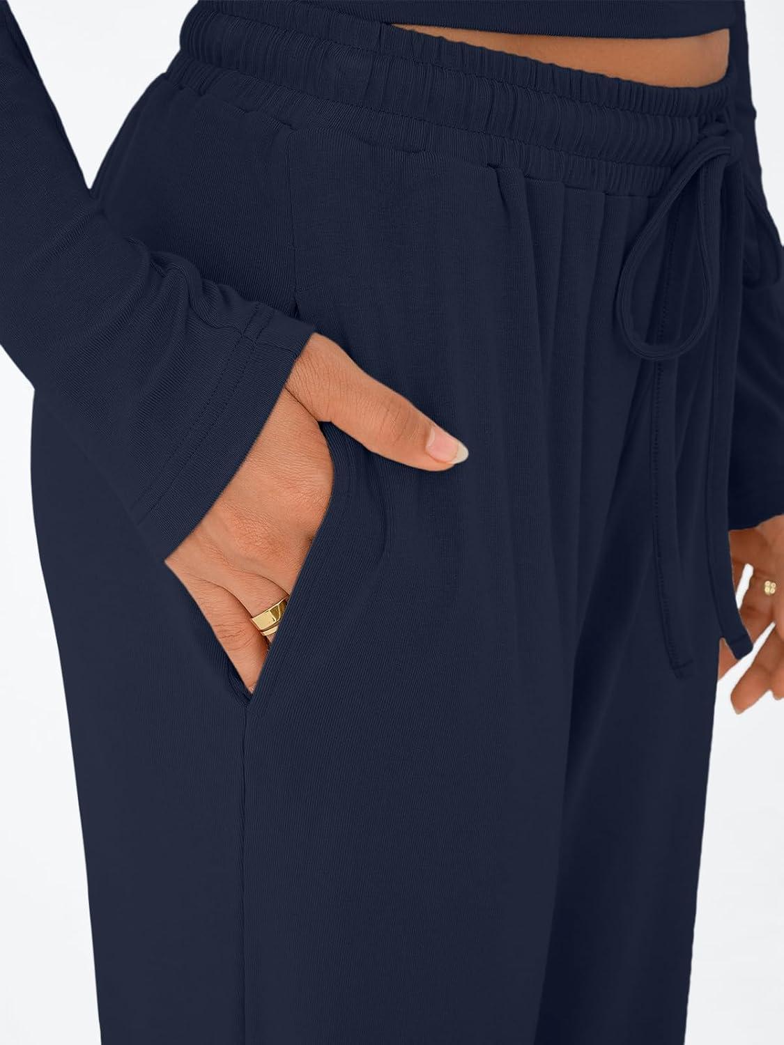 imageTrendy Queen Womens 2 Piece Matching Lounge Set Long Sleeve Slightly Crop Top Wide Leg Pants Casual SweatsuitNavy