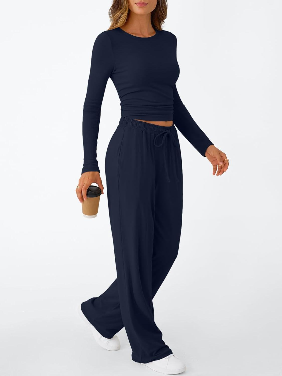 imageTrendy Queen Womens 2 Piece Matching Lounge Set Long Sleeve Slightly Crop Top Wide Leg Pants Casual SweatsuitNavy