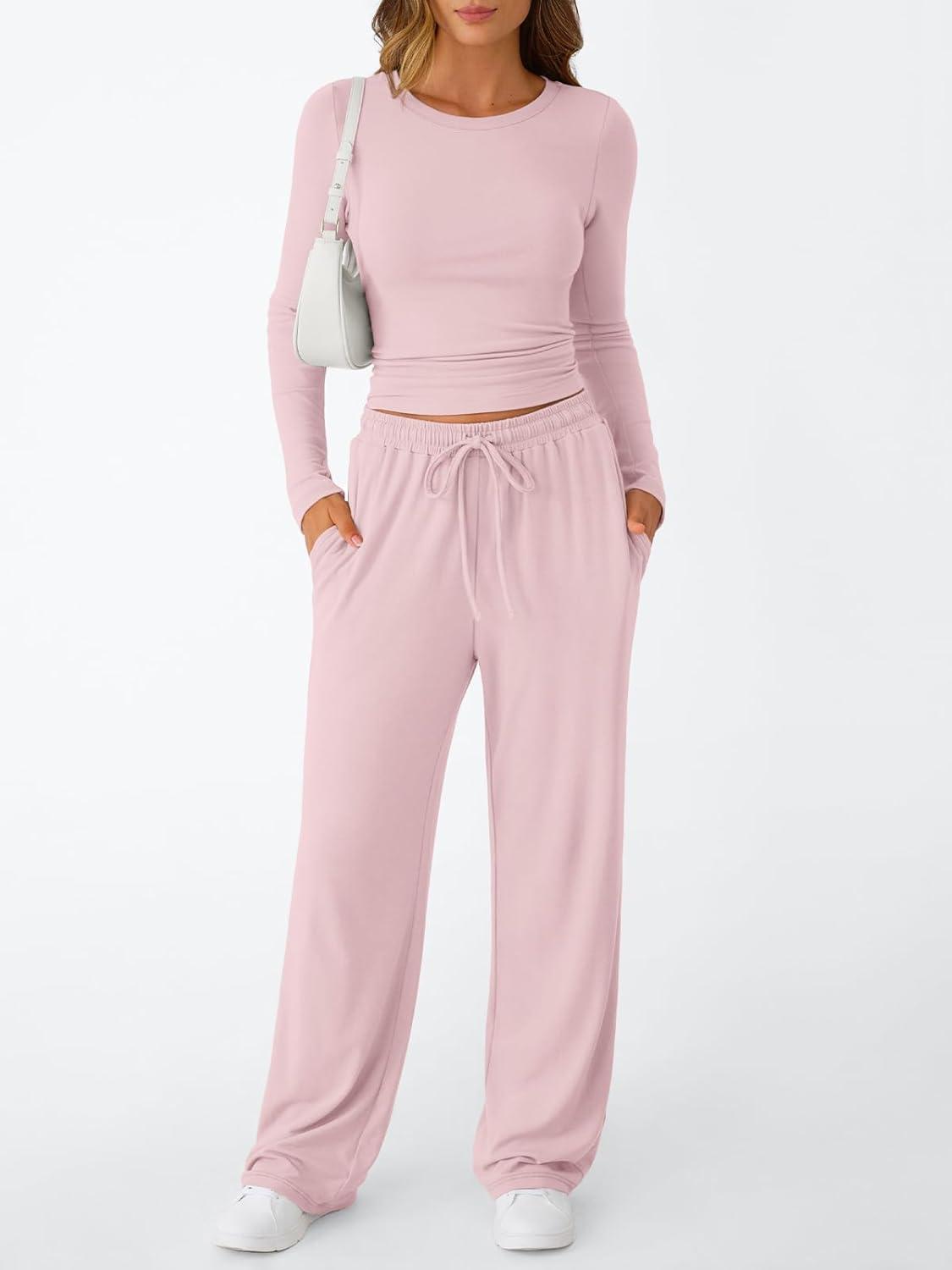 imageTrendy Queen Womens 2 Piece Matching Lounge Set Long Sleeve Slightly Crop Top Wide Leg Pants Casual SweatsuitPastel Pink