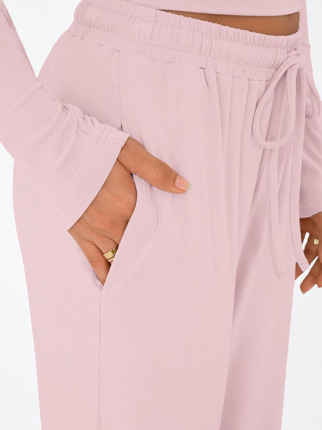 imageTrendy Queen Womens 2 Piece Matching Lounge Set Long Sleeve Slightly Crop Top Wide Leg Pants Casual SweatsuitPastel Pink