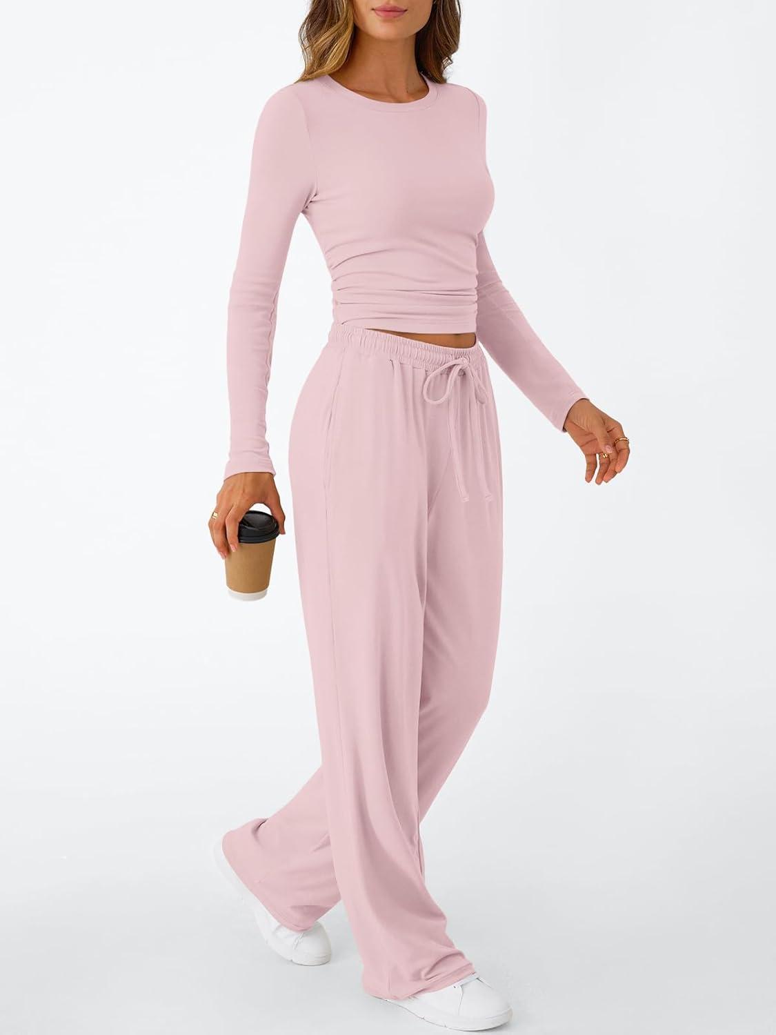 imageTrendy Queen Womens 2 Piece Matching Lounge Set Long Sleeve Slightly Crop Top Wide Leg Pants Casual SweatsuitPastel Pink