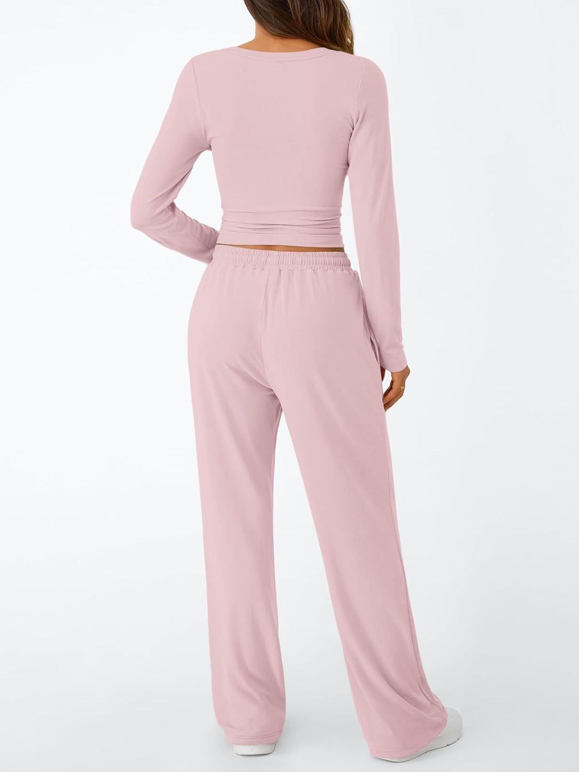 imageTrendy Queen Womens 2 Piece Matching Lounge Set Long Sleeve Slightly Crop Top Wide Leg Pants Casual SweatsuitPastel Pink