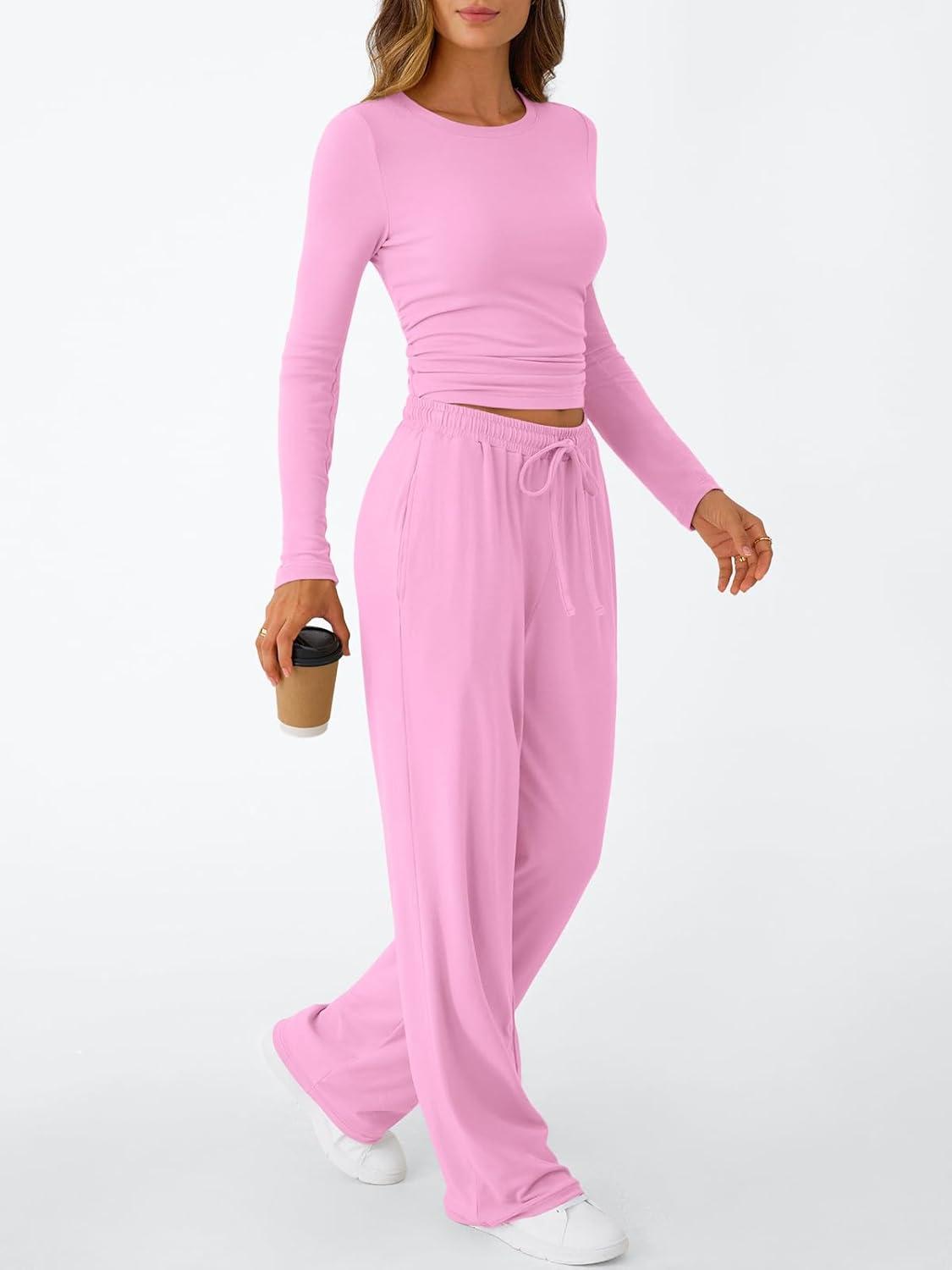 imageTrendy Queen Womens 2 Piece Matching Lounge Set Long Sleeve Slightly Crop Top Wide Leg Pants Casual SweatsuitPink