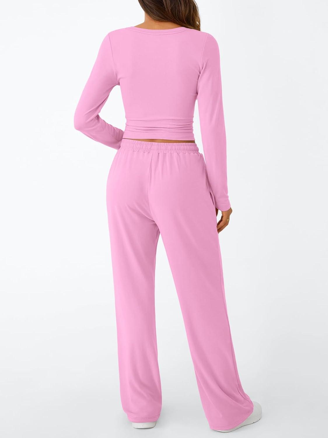 imageTrendy Queen Womens 2 Piece Matching Lounge Set Long Sleeve Slightly Crop Top Wide Leg Pants Casual SweatsuitPink