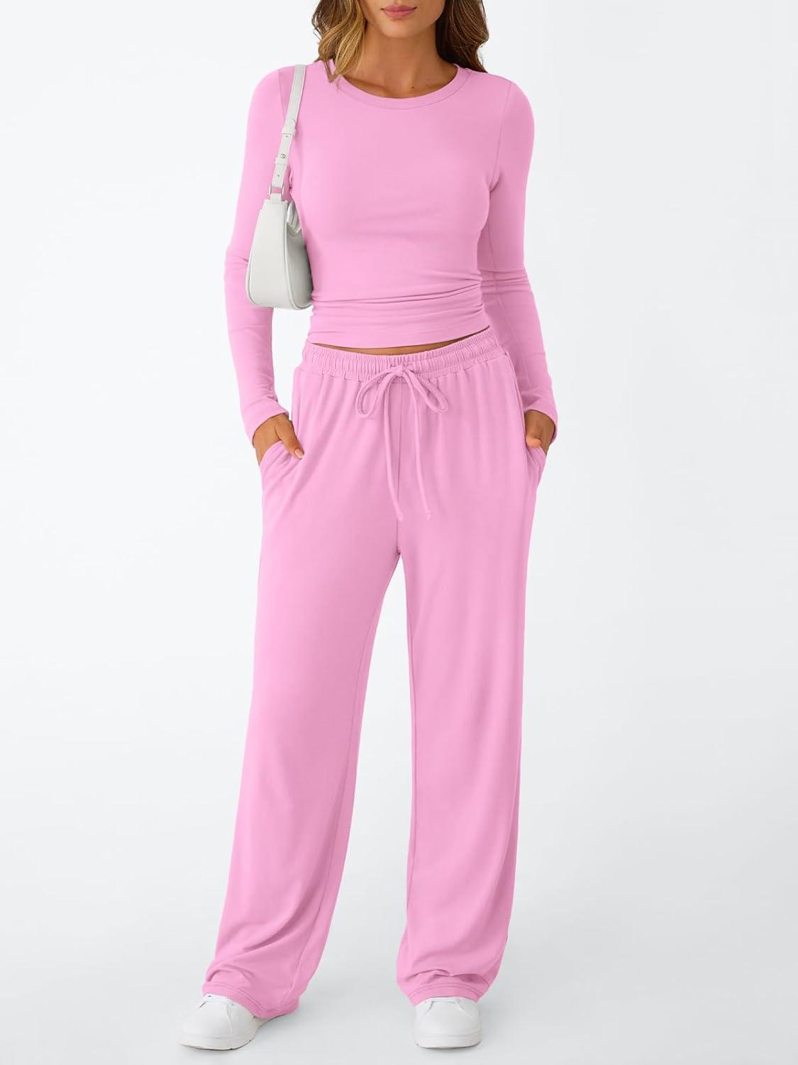 imageTrendy Queen Womens 2 Piece Matching Lounge Set Long Sleeve Slightly Crop Top Wide Leg Pants Casual SweatsuitPink