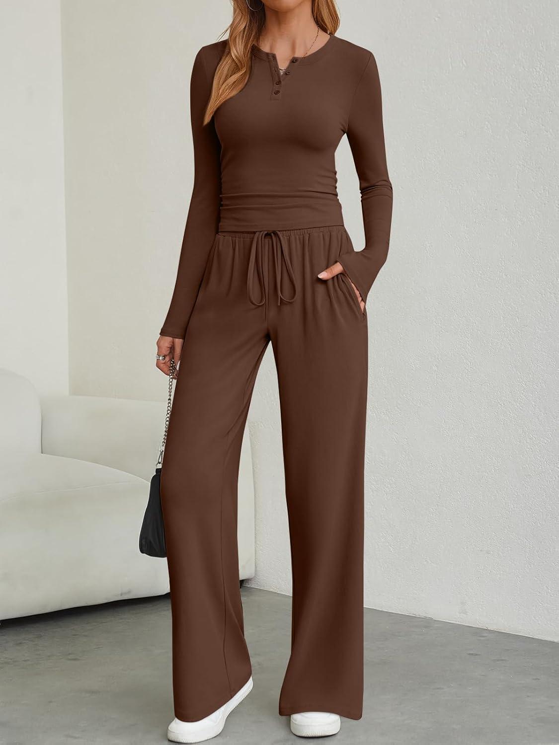 imageTrendy Queen Womens 2 Piece Matching Lounge Sets Fall Fashion Two Pieces Sweat Outfits Long Sleeve Wide Leg Pants TracksuitsCoffee