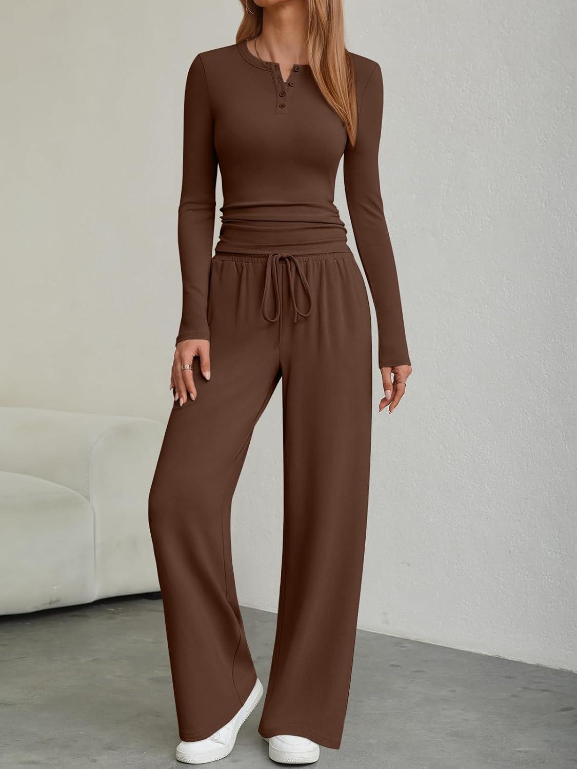 imageTrendy Queen Womens 2 Piece Matching Lounge Sets Fall Fashion Two Pieces Sweat Outfits Long Sleeve Wide Leg Pants TracksuitsCoffee