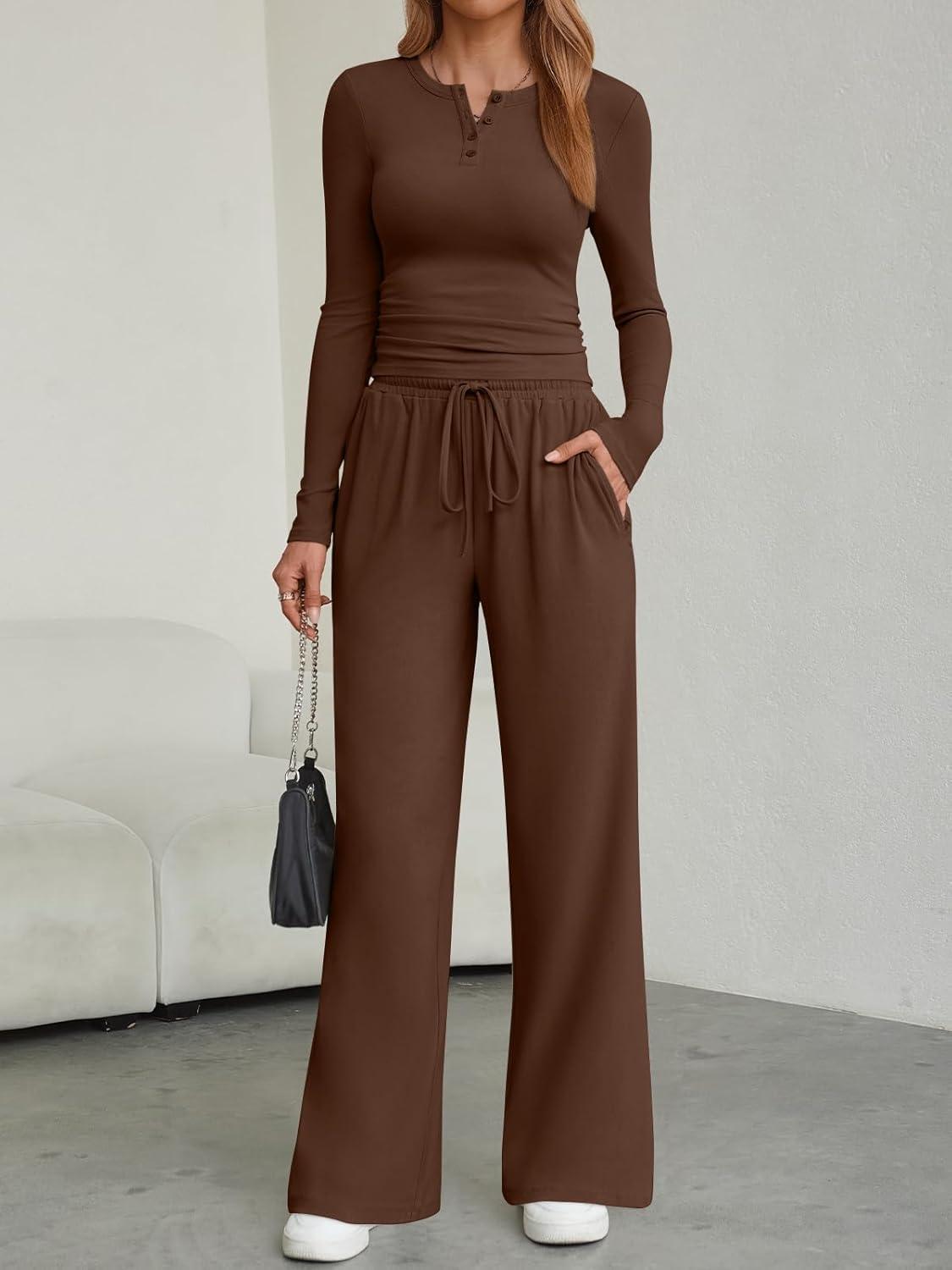 imageTrendy Queen Womens 2 Piece Matching Lounge Sets Fall Fashion Two Pieces Sweat Outfits Long Sleeve Wide Leg Pants TracksuitsCoffee