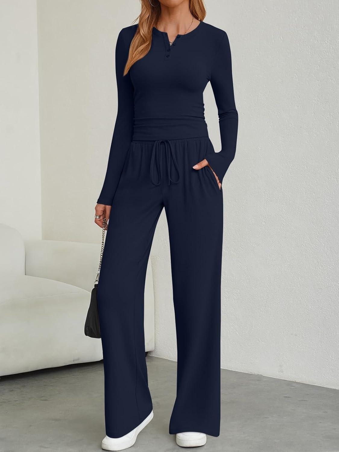 imageTrendy Queen Womens 2 Piece Matching Lounge Sets Fall Fashion Two Pieces Sweat Outfits Long Sleeve Wide Leg Pants TracksuitsNavy