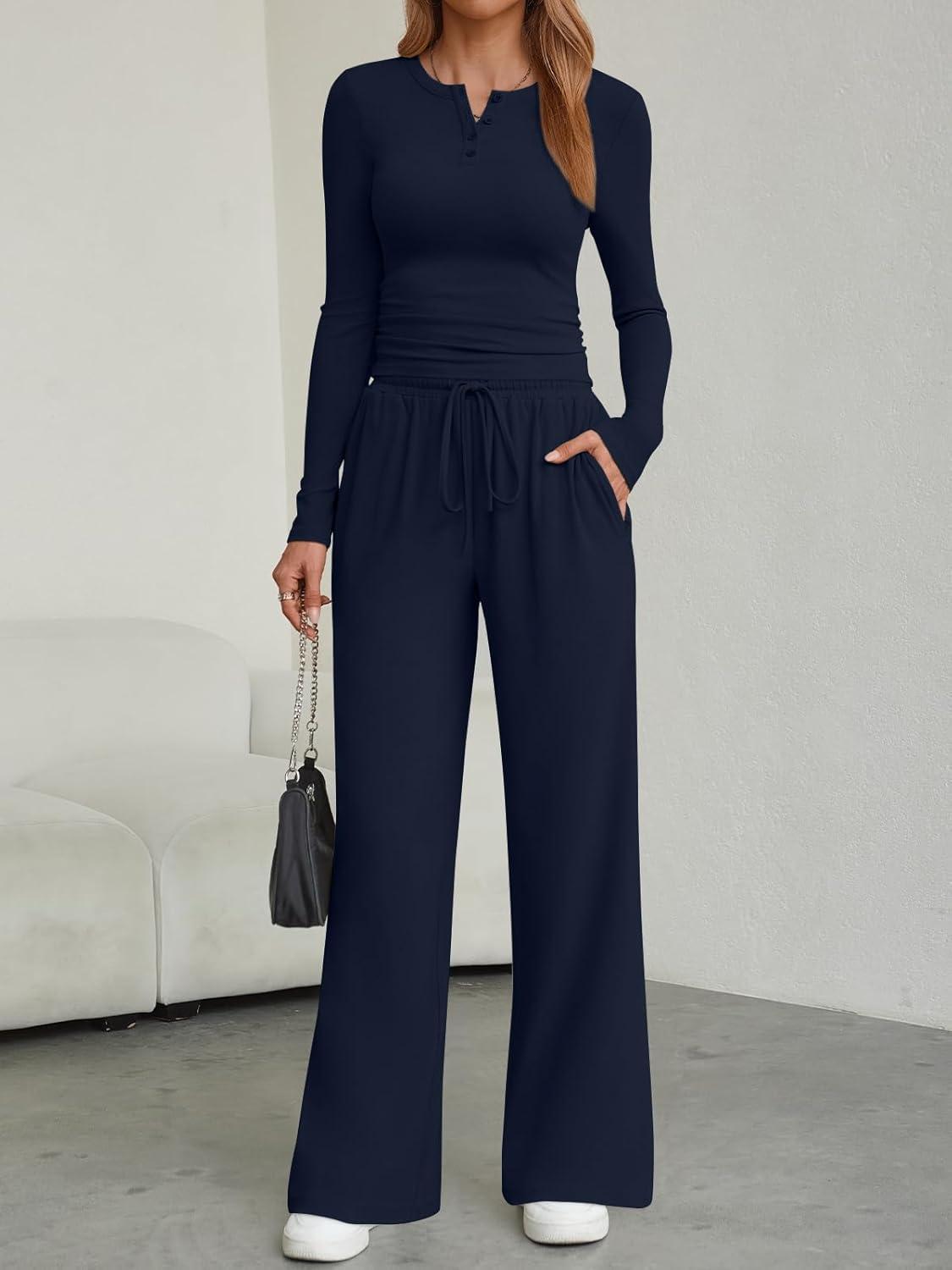 imageTrendy Queen Womens 2 Piece Matching Lounge Sets Fall Fashion Two Pieces Sweat Outfits Long Sleeve Wide Leg Pants TracksuitsNavy