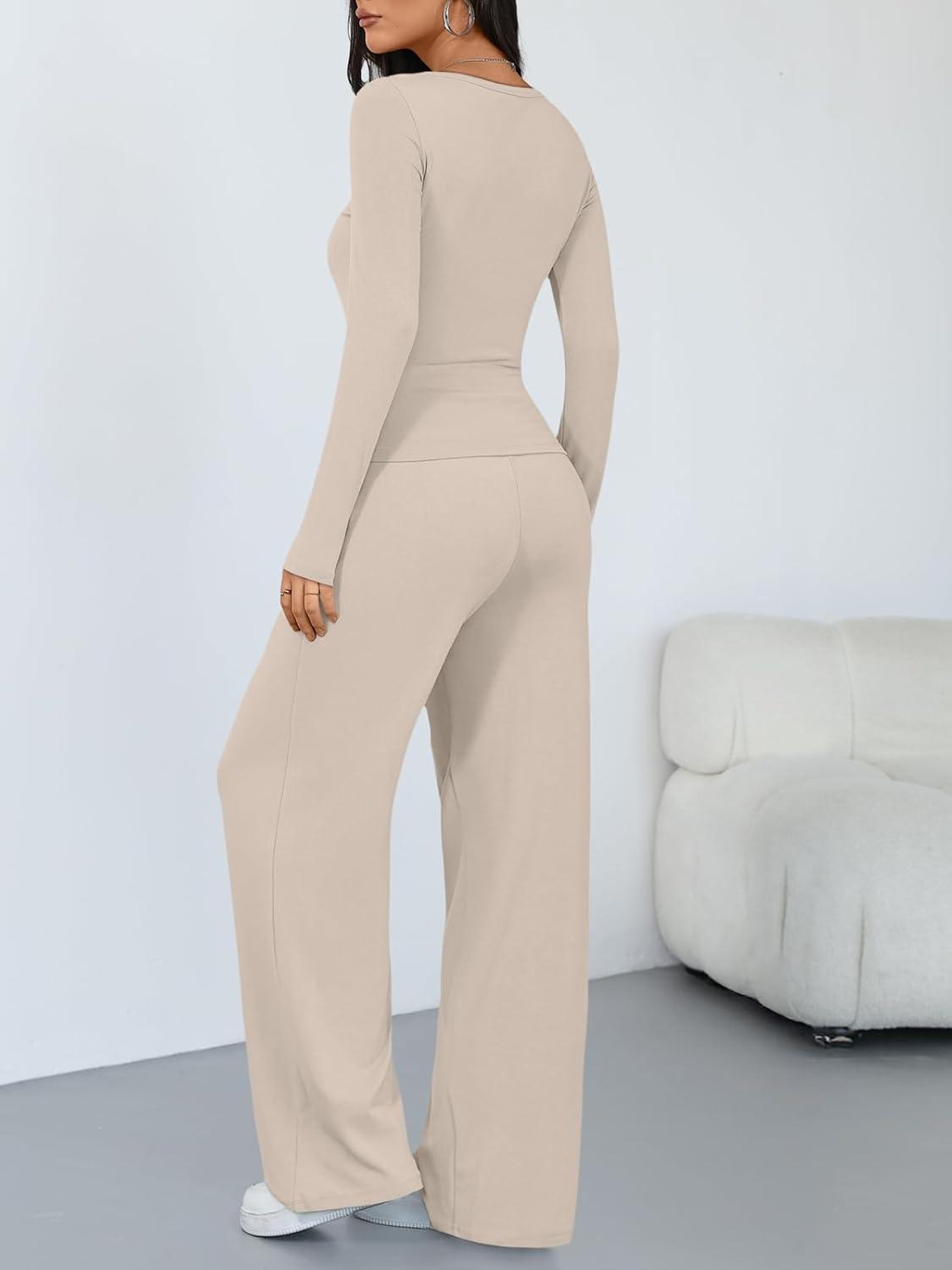 imageTrendy Queen Womens 2 Piece Matching Lounge Sets Long Sleeve Henley Neck Slightly Crop Top Wide Leg Pants Casual Sweat SuitBeige