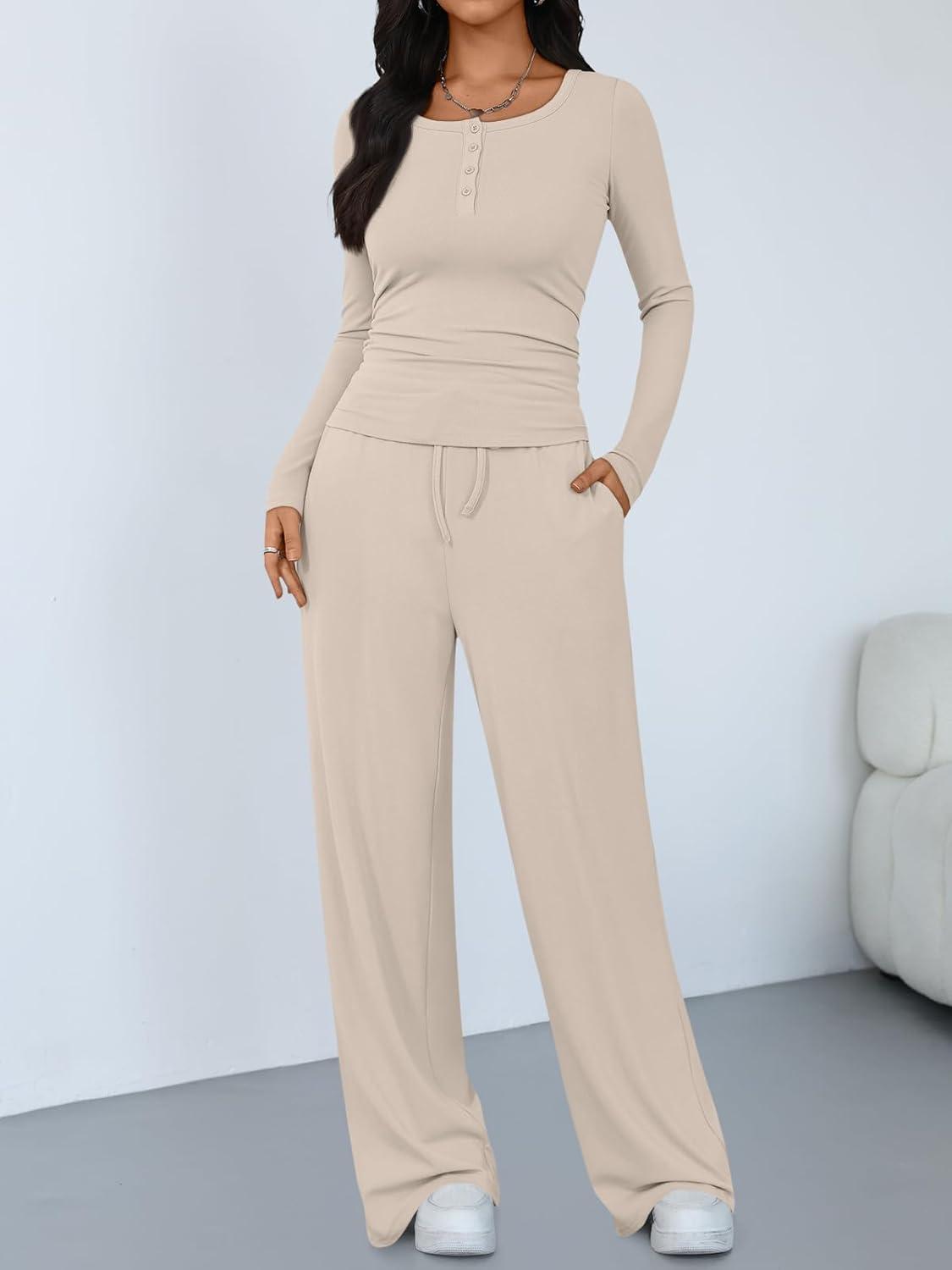 imageTrendy Queen Womens 2 Piece Matching Lounge Sets Long Sleeve Henley Neck Slightly Crop Top Wide Leg Pants Casual Sweat SuitBeige