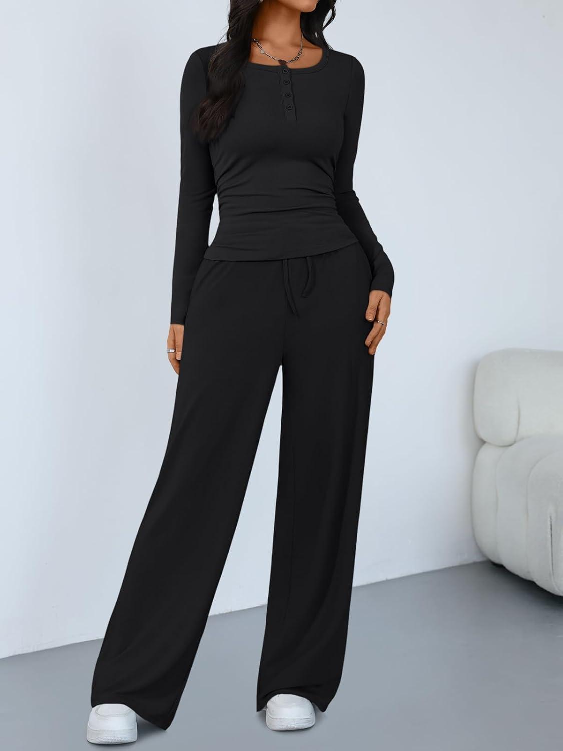 imageTrendy Queen Womens 2 Piece Matching Lounge Sets Long Sleeve Henley Neck Slightly Crop Top Wide Leg Pants Casual Sweat SuitBlack