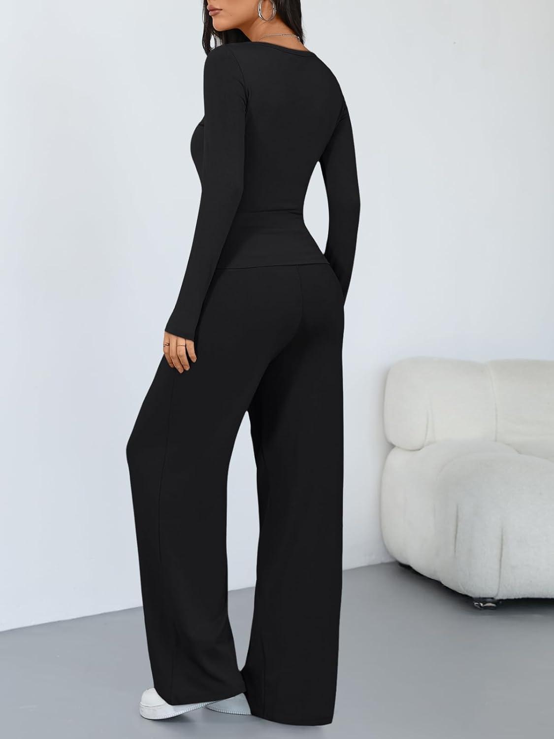 imageTrendy Queen Womens 2 Piece Matching Lounge Sets Long Sleeve Henley Neck Slightly Crop Top Wide Leg Pants Casual Sweat SuitBlack