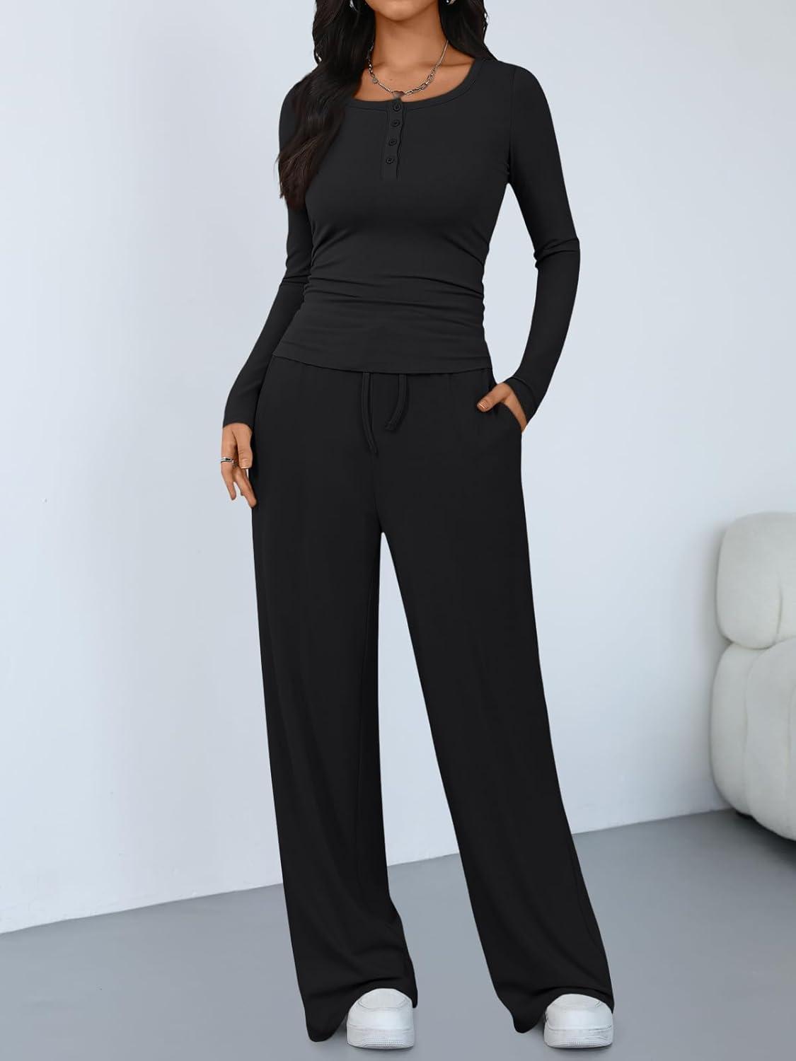 imageTrendy Queen Womens 2 Piece Matching Lounge Sets Long Sleeve Henley Neck Slightly Crop Top Wide Leg Pants Casual Sweat SuitBlack