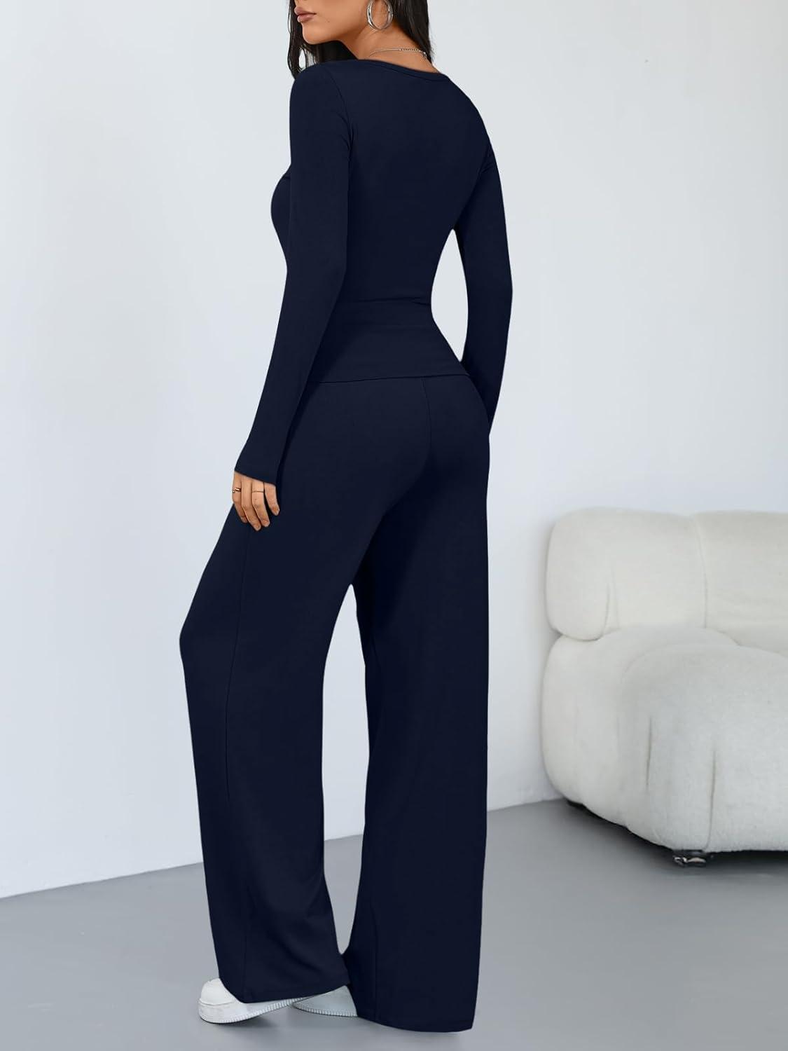 imageTrendy Queen Womens 2 Piece Matching Lounge Sets Long Sleeve Henley Neck Slightly Crop Top Wide Leg Pants Casual Sweat SuitNavy