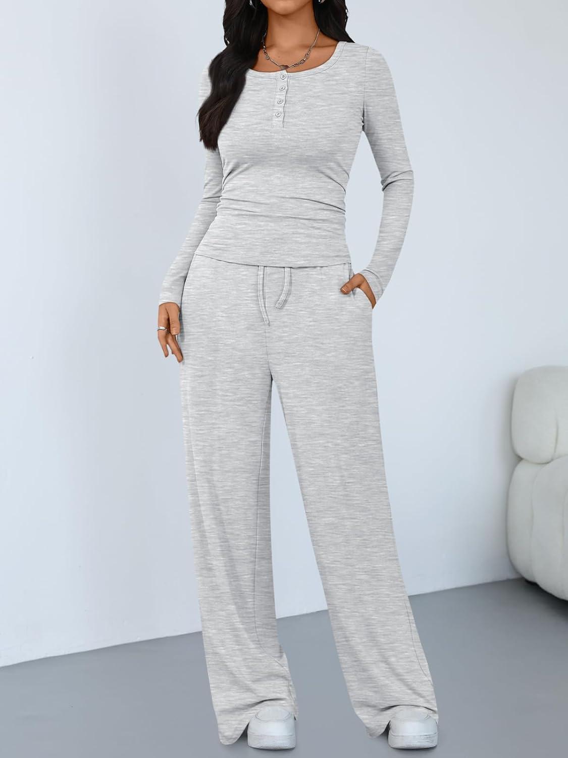 imageTrendy Queen Womens 2 Piece Matching Lounge Sets Long Sleeve Henley Neck Slightly Crop Top Wide Leg Pants Casual Sweat SuitOatmeal Grey