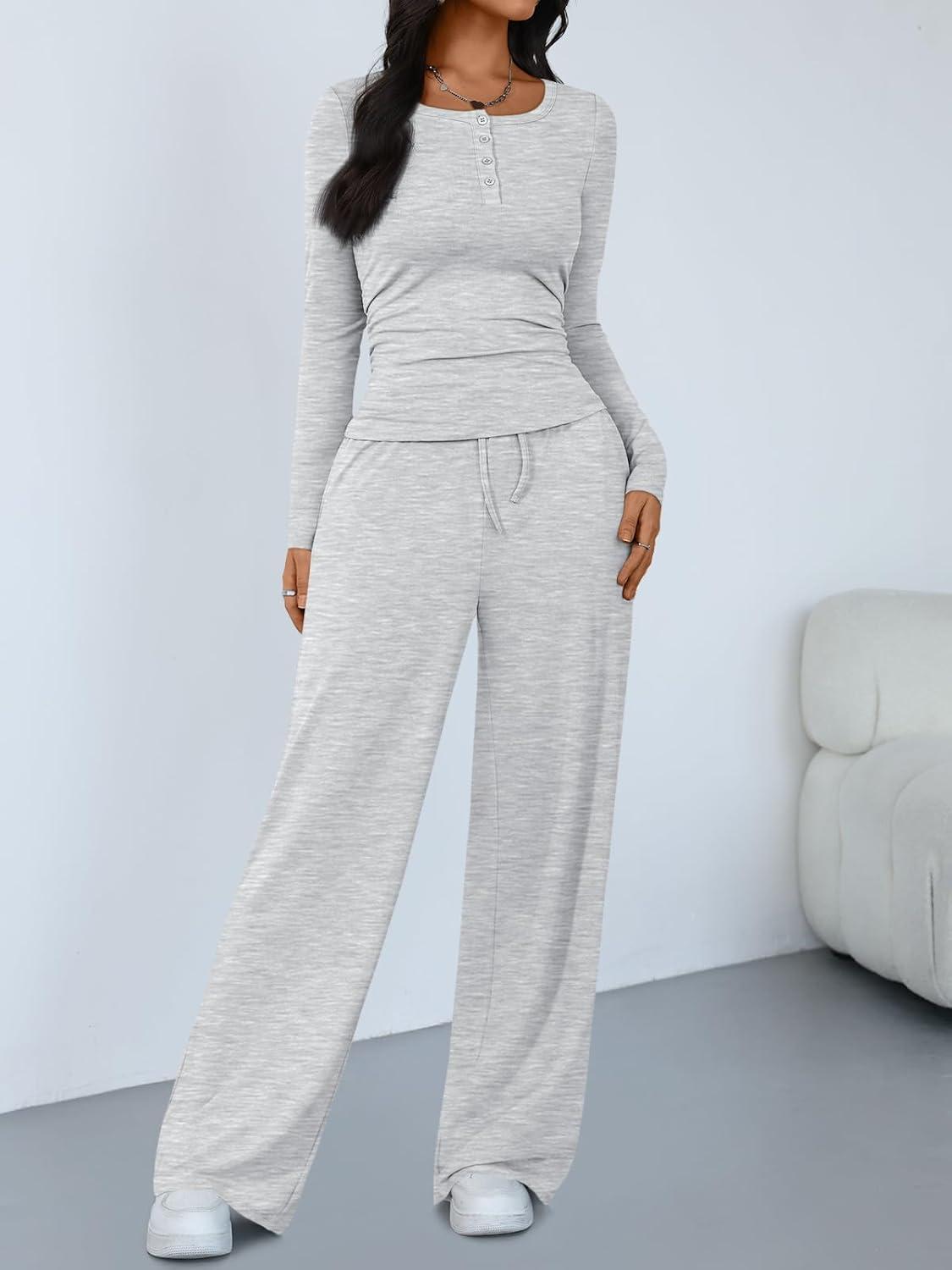 imageTrendy Queen Womens 2 Piece Matching Lounge Sets Long Sleeve Henley Neck Slightly Crop Top Wide Leg Pants Casual Sweat SuitOatmeal Grey