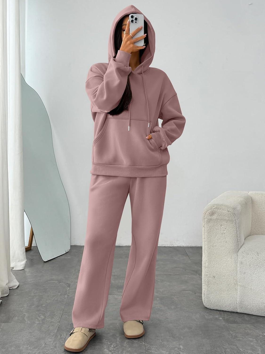 imageTrendy Queen Womens 2 Piece Outfits Lounge Fall Fashion Sets Oversized Sweatshirts Wide Leg Pants Sweatsuits Winter ClothesDark Pink