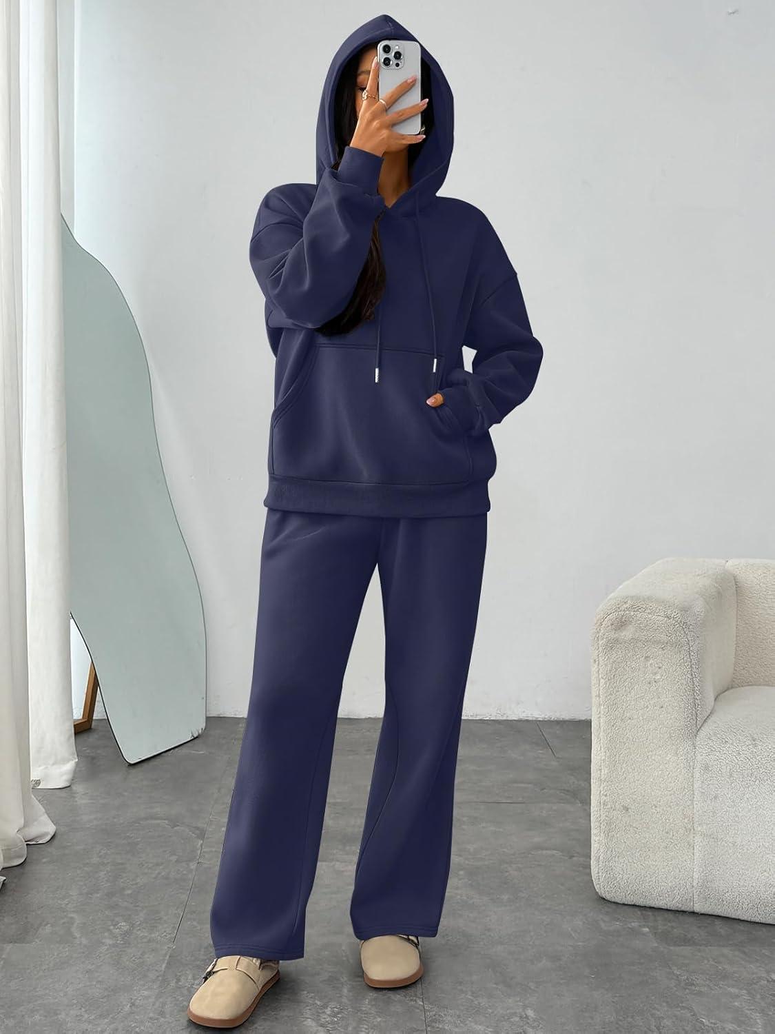 imageTrendy Queen Womens 2 Piece Outfits Lounge Fall Fashion Sets Oversized Sweatshirts Wide Leg Pants Sweatsuits Winter ClothesNavy