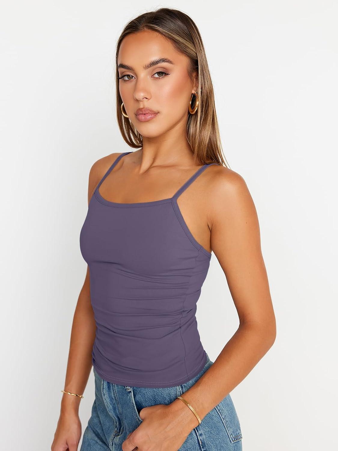 imageTrendy Queen Womens Adjustable Camisole Sleeveless Square Neck Spaghetti Strap Tank Tops Basic ShirtPurple