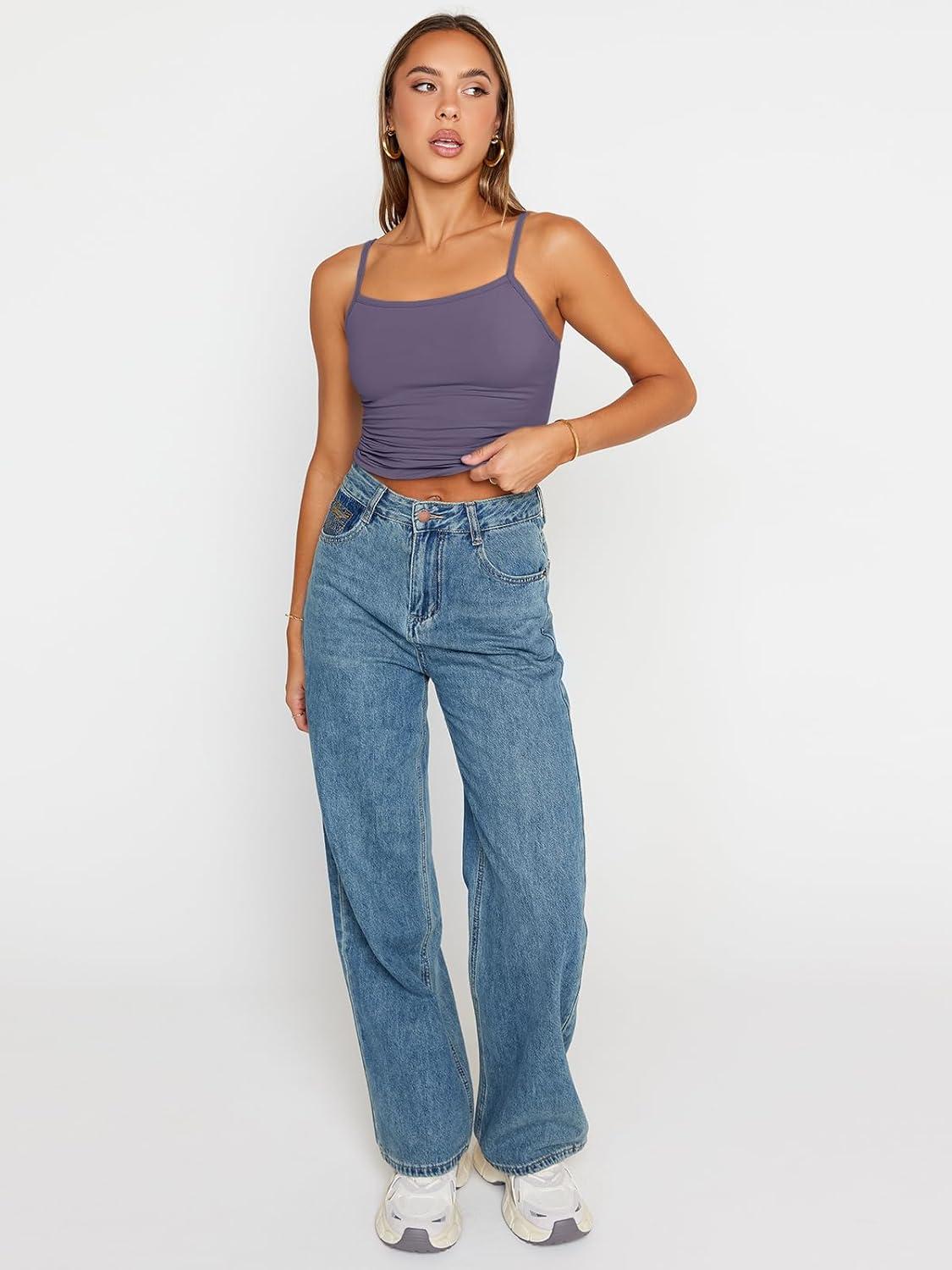 imageTrendy Queen Womens Adjustable Camisole Sleeveless Square Neck Spaghetti Strap Tank Tops Basic ShirtPurple