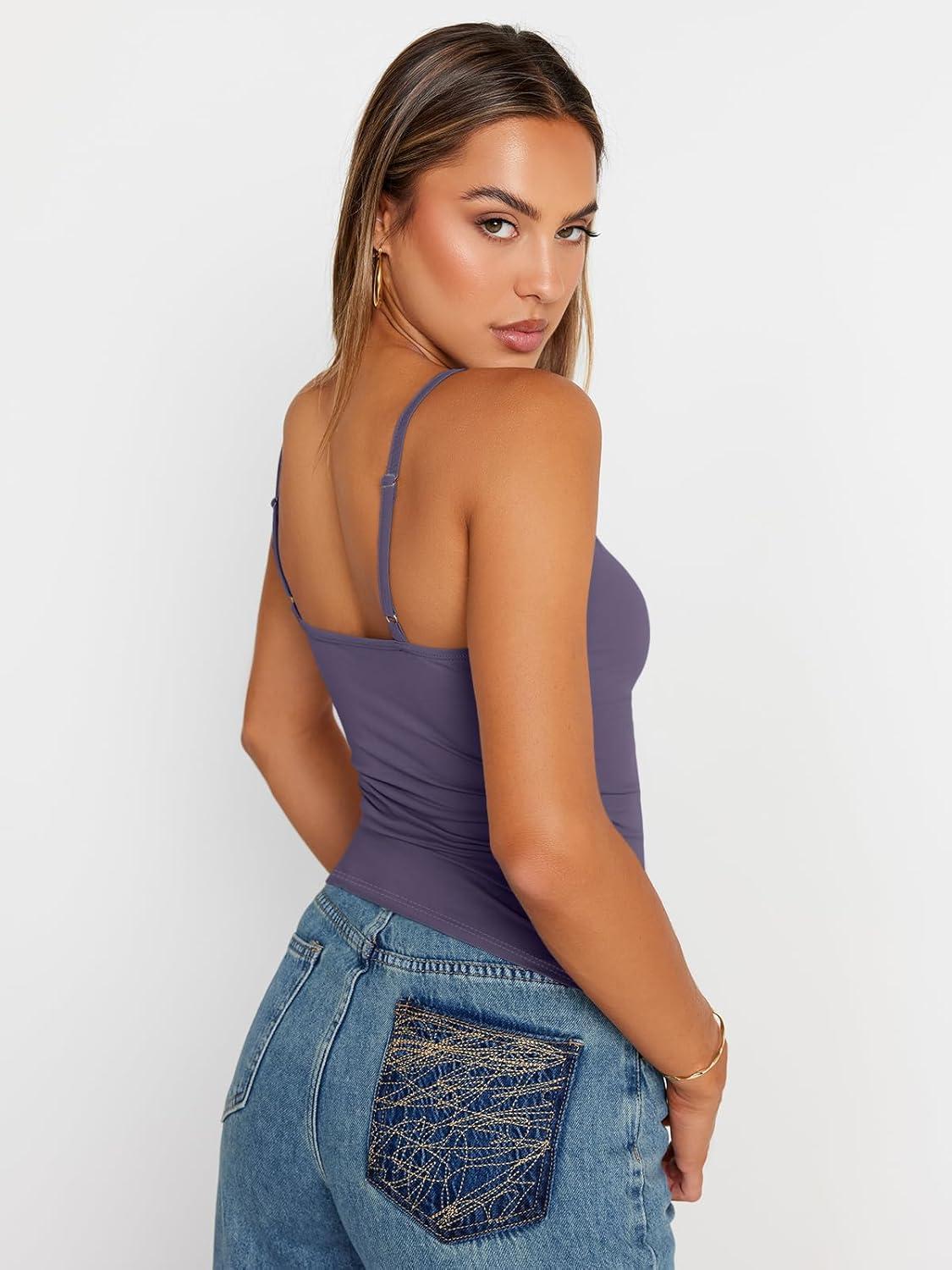 imageTrendy Queen Womens Adjustable Camisole Sleeveless Square Neck Spaghetti Strap Tank Tops Basic ShirtPurple