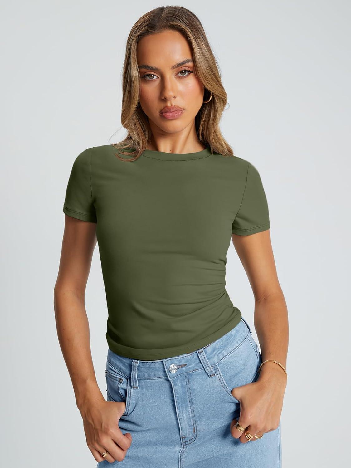 imageTrendy Queen Womens Basic T Shirts Summer Tops 2025 Crop Short Sleeve Slim Fit Tee Cute Gym Workout ClothesArmygreen