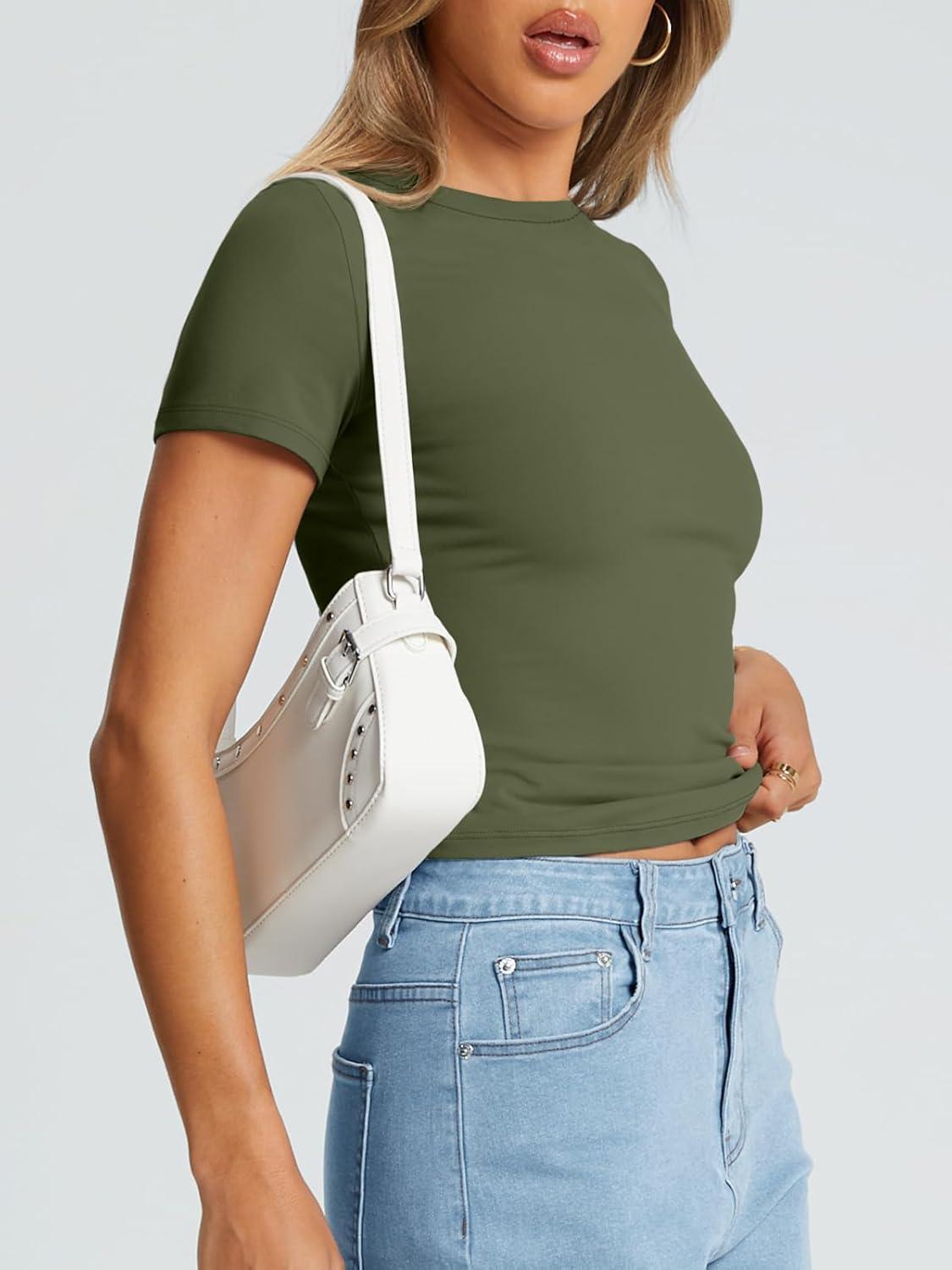 imageTrendy Queen Womens Basic T Shirts Summer Tops 2025 Crop Short Sleeve Slim Fit Tee Cute Gym Workout ClothesArmygreen