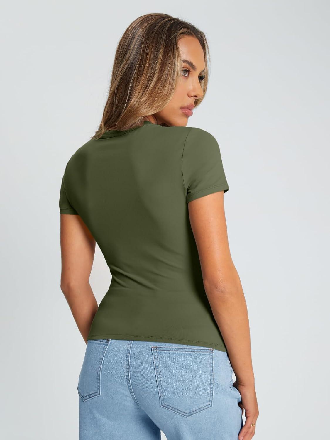 imageTrendy Queen Womens Basic T Shirts Summer Tops 2025 Crop Short Sleeve Slim Fit Tee Cute Gym Workout ClothesArmygreen